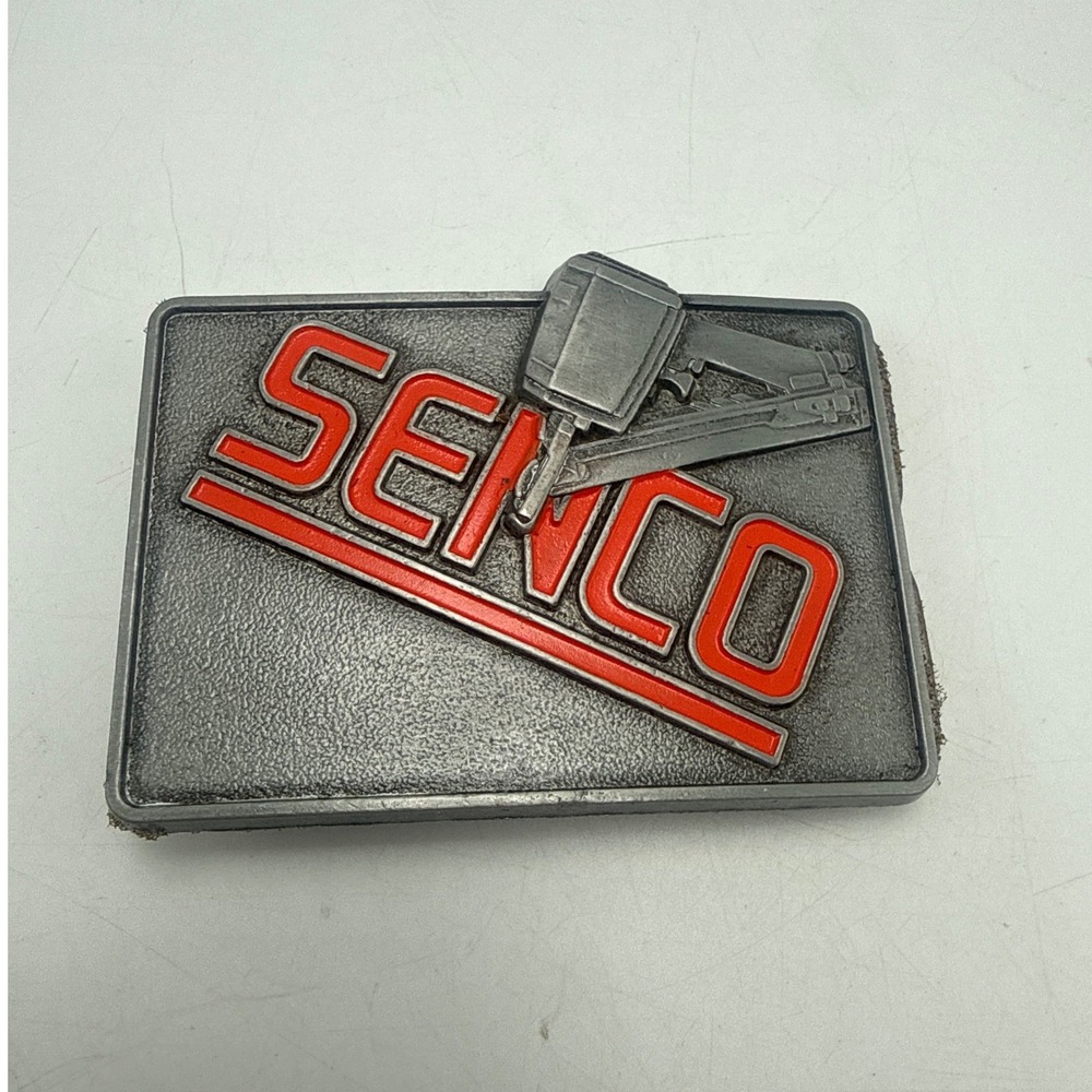 Vintage Senco Belt Buckle USA Made Red Logo Pneumatic Nail Gun Tool Advertising